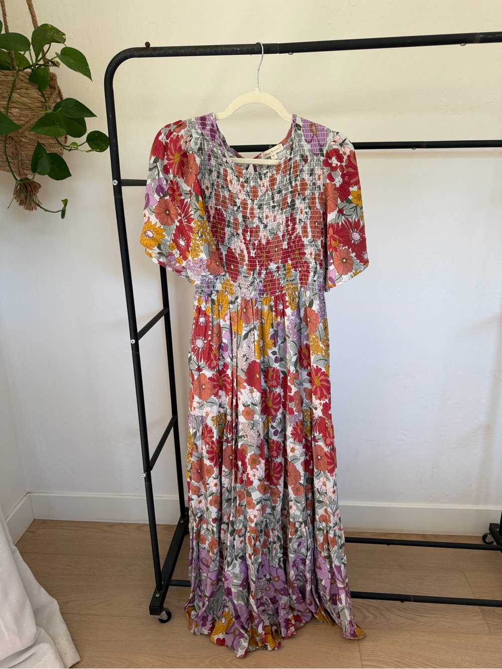 Floral Smocked Maxi Dress in Red Multi